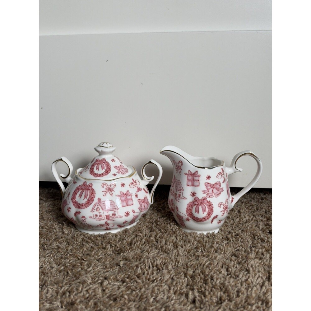 Grace Teaware Christmas Pink Bow Sugar Bowl Creamer Set Porcelain Gold Trim